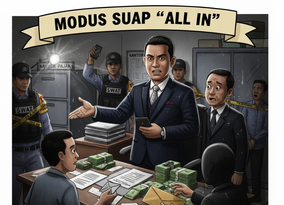 Ganti bagraund ilustrasi terkait dengan “Modus Suap ‘All In’ OTT Pejabat Pajak: Dari Rp 75 Juta ke Rp 15 Juta – Menguak Korupsi Struktural yang Merusak Fondasi Sistem Pendapatan Negara” dengan gestur disesuaikan