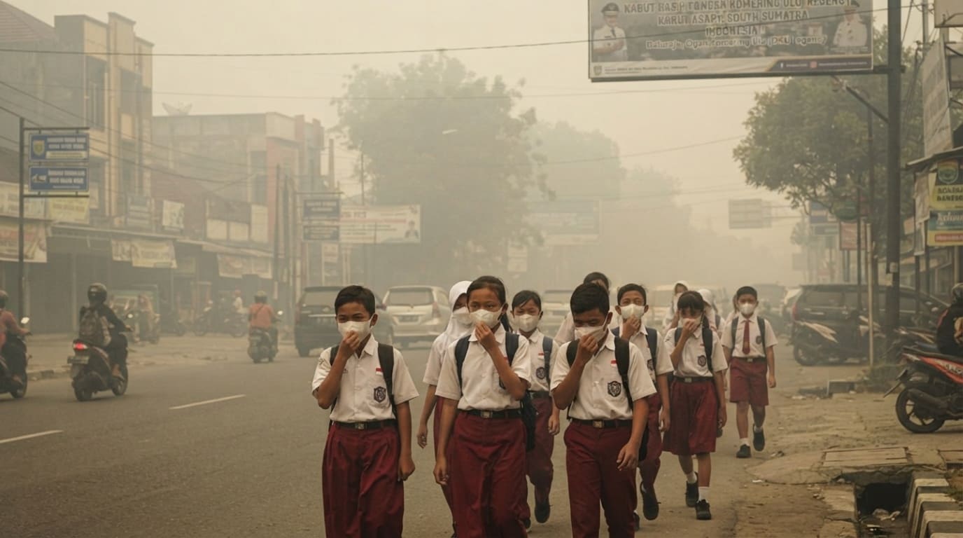 Baturaja OKU Memutih! Kabut Asap Pekat Lumpuhkan Aktivitas Warga Luar Rumah